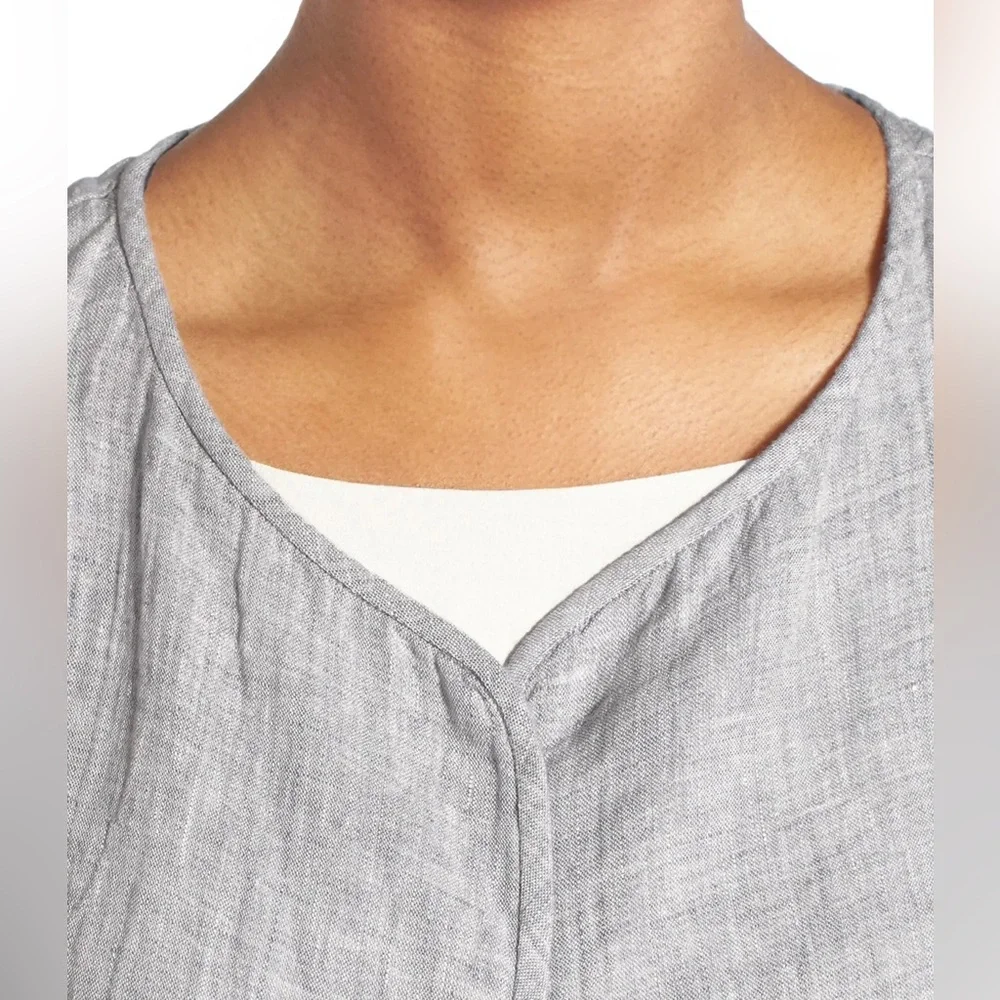 EILEEN FISHER Check Linen Round Neck Jacket in Dark Pearl Grey